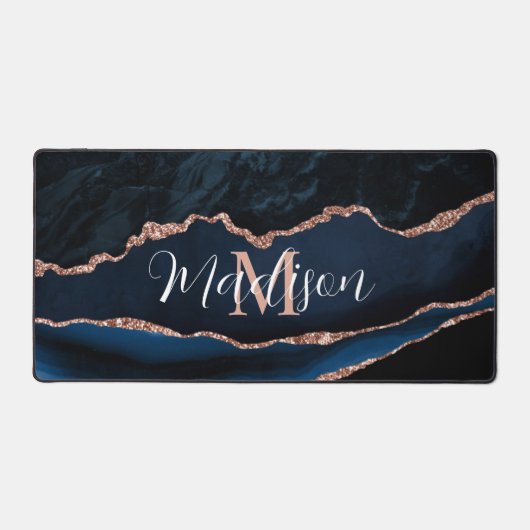 Trendy Navy Blue Agate Rose Gold Glitzer Desk Mat Schreibtischunterlage (Vorderseite)