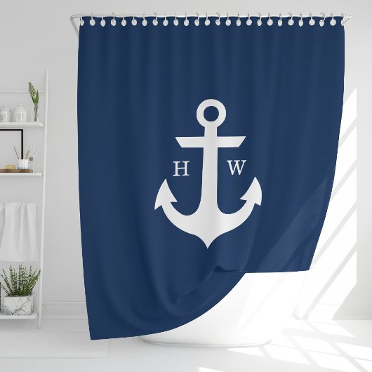 Trendy Navy Blue Anchor Monogram Duschvorhang