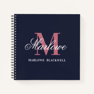 Trendy Navy Blue Blush Pink Monogram Calligrafy Notizblock