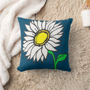 Trendy Navy Blue Daisy Sunflower Yellow White Kissen