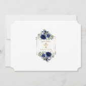 Trendy Navy Blue Floral Boy Foto Gold Taufe Einladung (Rückseite)