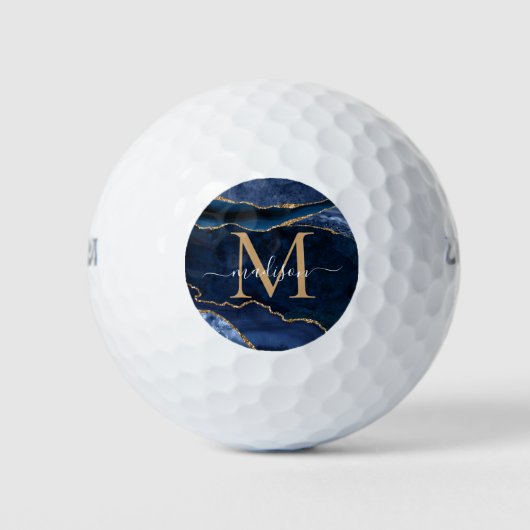 Trendy Navy Blue Gold Agate Geode Glitzer Monogram Golfball (Vorderseite)