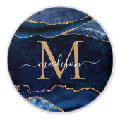 Trendy Navy Blue Gold Agate Geode Glitzer Monogram Keramikknauf (Vorderseite)