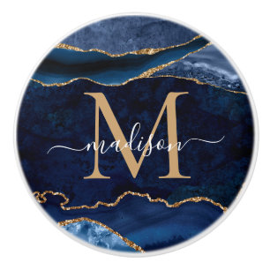 Trendy Navy Blue Gold Agate Geode Glitzer Monogram Keramikknauf