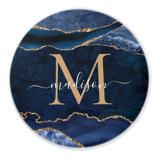 Trendy Navy Blue Gold Agate Geode Glitzer Monogram Keramikknauf (Vorderseite)