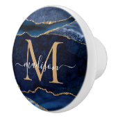 Trendy Navy Blue Gold Agate Geode Glitzer Monogram Keramikknauf (Rechts)