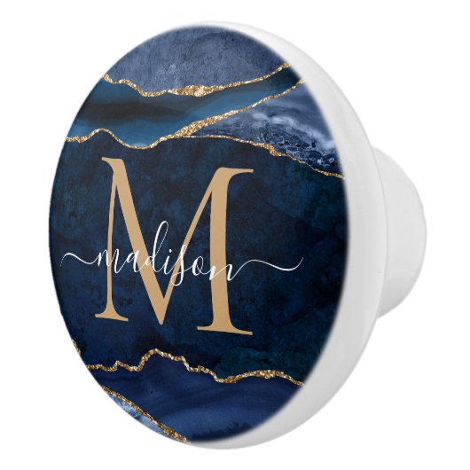 Trendy Navy Blue Gold Agate Geode Glitzer Monogram Keramikknauf (Rechts)