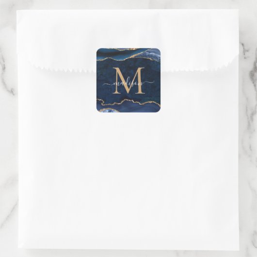 Trendy Navy Blue Gold Agate Geode Glitzer Monogram Quadratischer Aufkleber (Tasche)