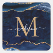 Trendy Navy Blue Gold Agate Geode Glitzer Monogram Quadratischer Aufkleber (Vorderseite)