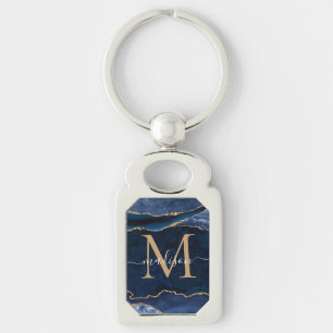 Trendy Navy Blue Gold Agate Geode Glitzer Monogram Schlüsselanhänger