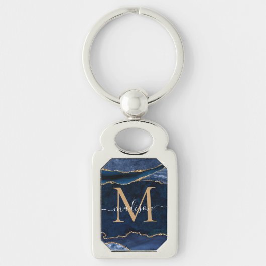 Trendy Navy Blue Gold Agate Geode Glitzer Monogram Schlüsselanhänger (Vorderseite)