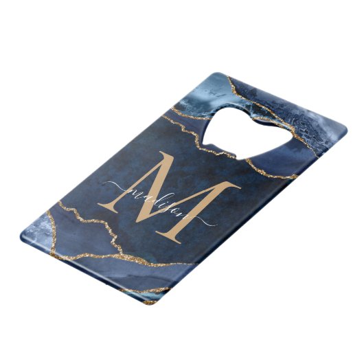Trendy Navy Blue Gold Glitzer Agate Geode Monogram Geldbeutel Flaschenöffner (Vorderseite Schrägansicht)