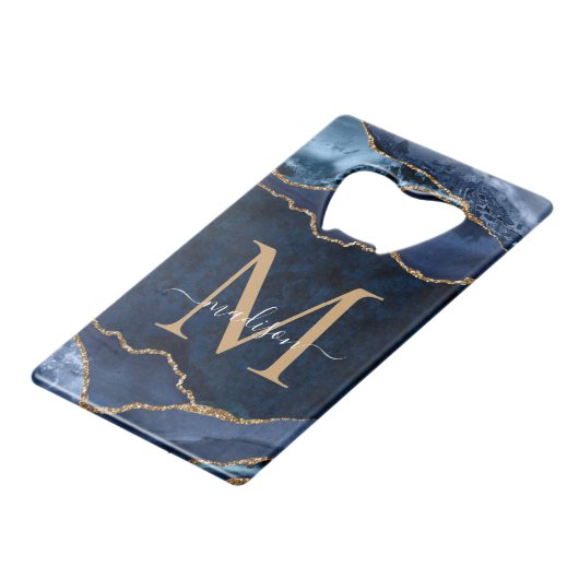 Trendy Navy Blue Gold Glitzer Agate Geode Monogram Geldbeutel Flaschenöffner (Rückseite Schrägansicht)