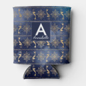 Trendy Navy Blue Gold Mermaid Bohemisch Monogram Dosenkühler (Vorderseite)