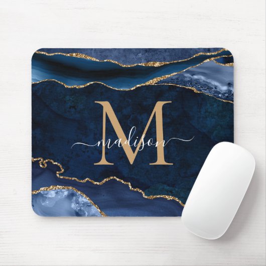 Trendy Navy Blue Gold Sparkle Agate Geode Monogram Mousepad (Mit Mouse)