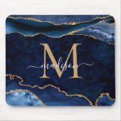 Trendy Navy Blue Gold Sparkle Agate Geode Monogram Mousepad (Vorne)