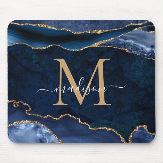 Trendy Navy Blue Gold Sparkle Agate Geode Monogram Mousepad (Vorne)