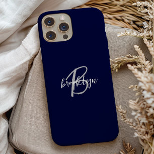 Trendy Navy Blue Gray White Script Monogram Case-Mate iPhone Hülle