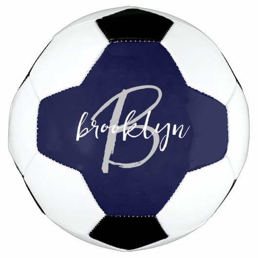 Trendy Navy Blue Gray White Script Monogram Fußball (Vorderseite)