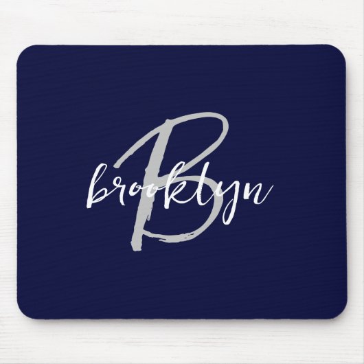 Trendy Navy Blue Gray White Script Monogram Mousepad (Vorne)