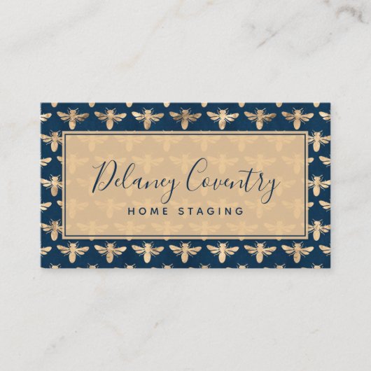 Trendy Navy & Gold Bees Beruflich Visitenkarte (Vorderseite)