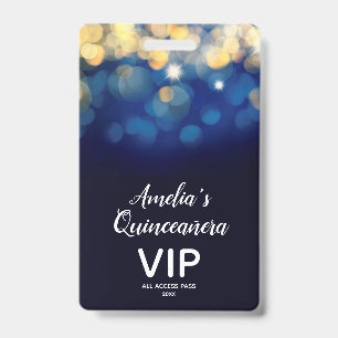 Trendy Navy Gold Bokeh Quinceñera Einladen VIP Pas Ausweis