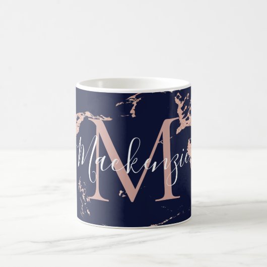 Trendy Navy und Rose Gold Foil Marmor Monogram Kaffeetasse (Mittel)