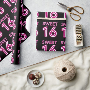Trendy Neon 16 . Geburtstag Hot Pink und Black Geschenkpapier