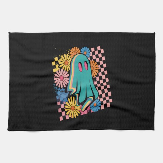 Trendy Neon Floral Ghost Halloween Geschirrtuch (Horizontal)