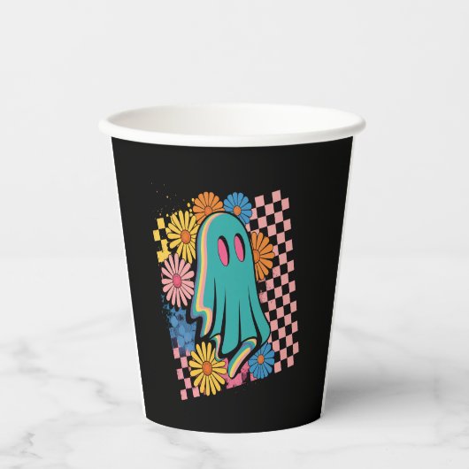 Trendy Neon Floral Ghost Halloween Pappbecher (Vorderseite)