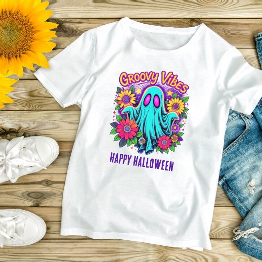 Trendy Neon Floral Retro Ghost Groovy Halloween T-Shirt