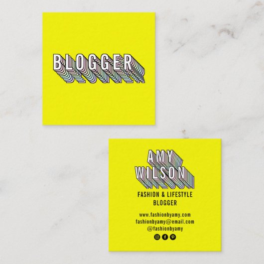 Trendy neon gelb 3d Typografy Blogger minimal Quadratische Visitenkarte (Vorne/Hinten)