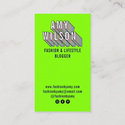 Trendy neon green 3d typografie Blogger minimal Visitenkarte (Rückseite)