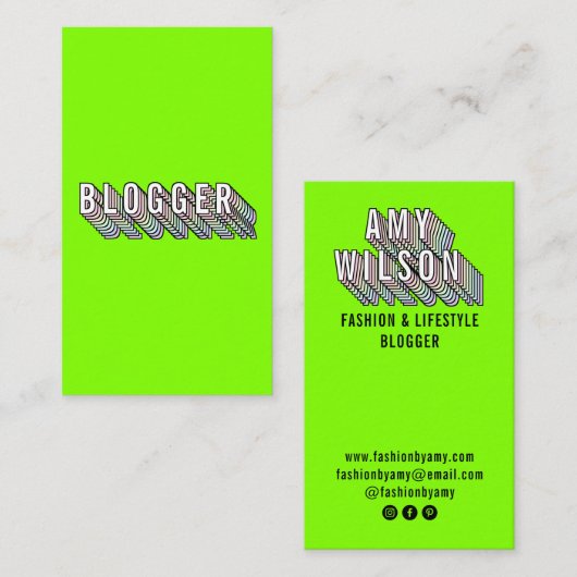 Trendy neon green 3d typografie Blogger minimal Visitenkarte (Vorne/Hinten)