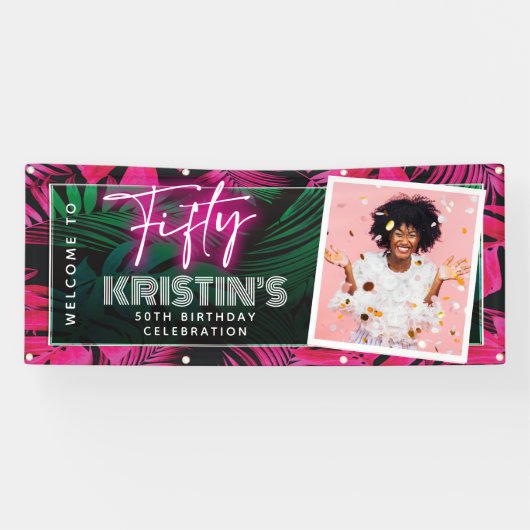 Trendy Neon Pink Tropical 50. Geburtstag Willkomme Banner (Horizontal)