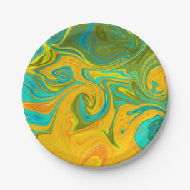 Trendy Neon Yellow Orange Green Abstrakt Swirl Pappteller