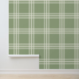 Trendy Neutral Sage Green Ivory White Grid Lines Tapete