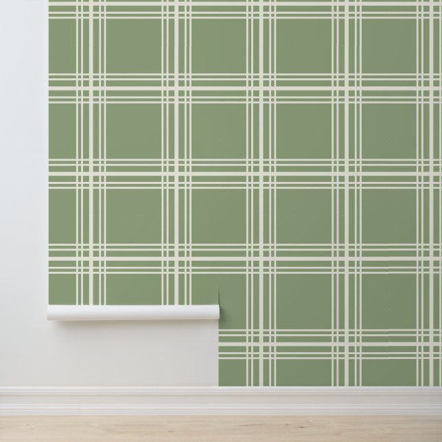 Trendy Neutral Sage Green Ivory White Grid Lines Tapete (Anwendung)