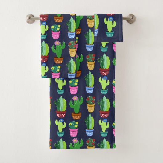 Trendy Niedlich Cartoon Cactus in Pots Pattern Badhandtuch Set (Insitu)
