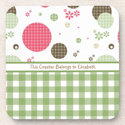 Trendy Niedlich Gingham Polka Dots mit Namen Untersetzer (Vorderseite)