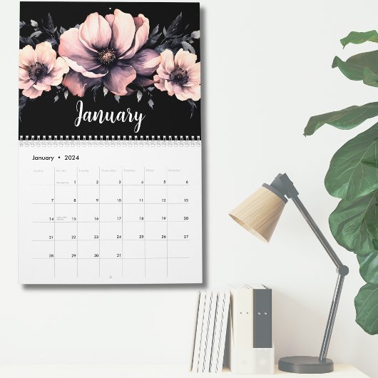 Trendy Niedlich Modern Pink Black Floral Kalender
