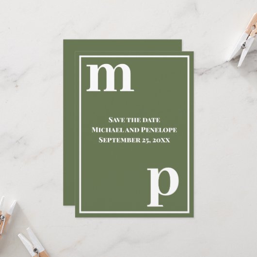 Trendy Niedlich Monogram Olive Green Save the Date Einladung (Vorderseite/Rückseite Beispiel)