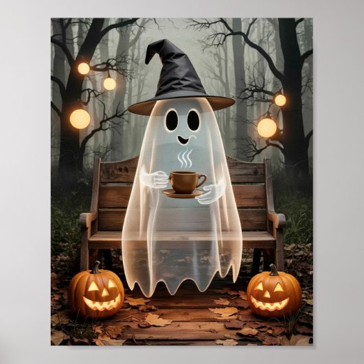 Trendy Niedlicher Geist mit Kaffee im Wald Poster (Vorne)