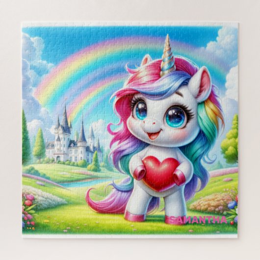 Trendy niedliches Einhorn mit Herz und Regenbogen Puzzle (Vertikal)
