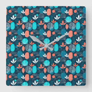 Trendy Nordic dusty blue navy copper rust floral Quadratische Wanduhr