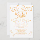 Trendy Orange Doodle Double Graduation Party Einladung (Vorderseite)