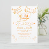 Trendy Orange Doodle Double Graduation Party Einladung (Stehend Vorderseite)
