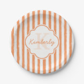 Trendy Orange Painted Stripes Monogramm und Name Pappteller (Vorderseite)
