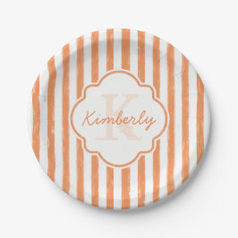 Trendy Orange Painted Stripes Monogramm und Name Pappteller
