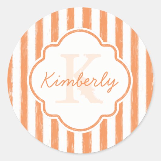 Trendy Orange Painted Stripes Monogramm und Name Runder Aufkleber (Vorderseite)